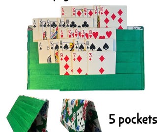 Playing Card Holder 5 Pocket Fabric Card Caddy with Snap Closure 2 sizes 10.5” wide or 13” wide Pockets Not Divided