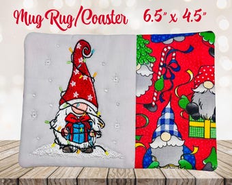 Embroidered Christmas Gnome Mug Rug Handcrafted Cotton Coaster