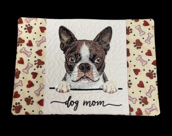 Embroidered Boston Terrier Dog Mom Mug Rug