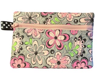 Floral Zipper Pouch Quilted Cotton Wallet Key Ring & Clip