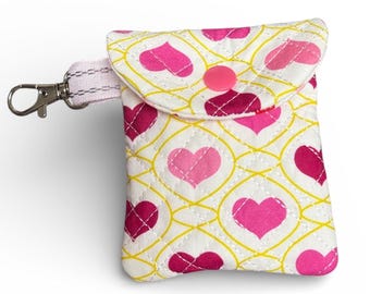 AirPods Case Quilted Pink Hearts AirPods Pouch with Keychain Handmade Cotton Earbud Case Cute Tech Accessory Valentine Gift