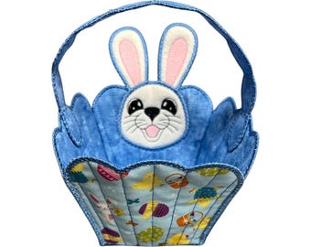 Embroidered Bunny Easter Basket with handle Blue Cotton