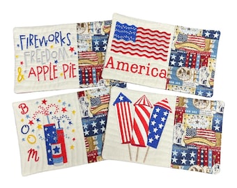 Embroidered Patriotic Mug Rug July 4th Coffee Mat