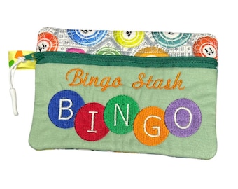 Quilted Cotton Zipper Pouch Bingo Stash Key Ring & Clip