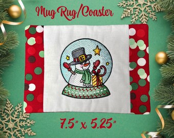 Embroidered Snowman Mug Rug Christmas Snow Globe Coaster Holiday Snowman Snow Globe