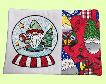 Embroidered Christmas Mug Rug Gnome Snow Globe Padded Coaster