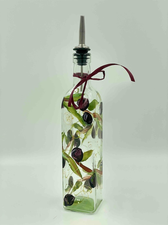 Hand Painted Olive Oil Bottle, Olive Branch