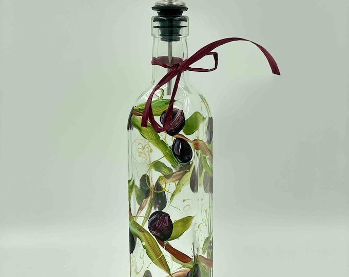 Hand Painted Olive Oil Bottle, Olive Branch