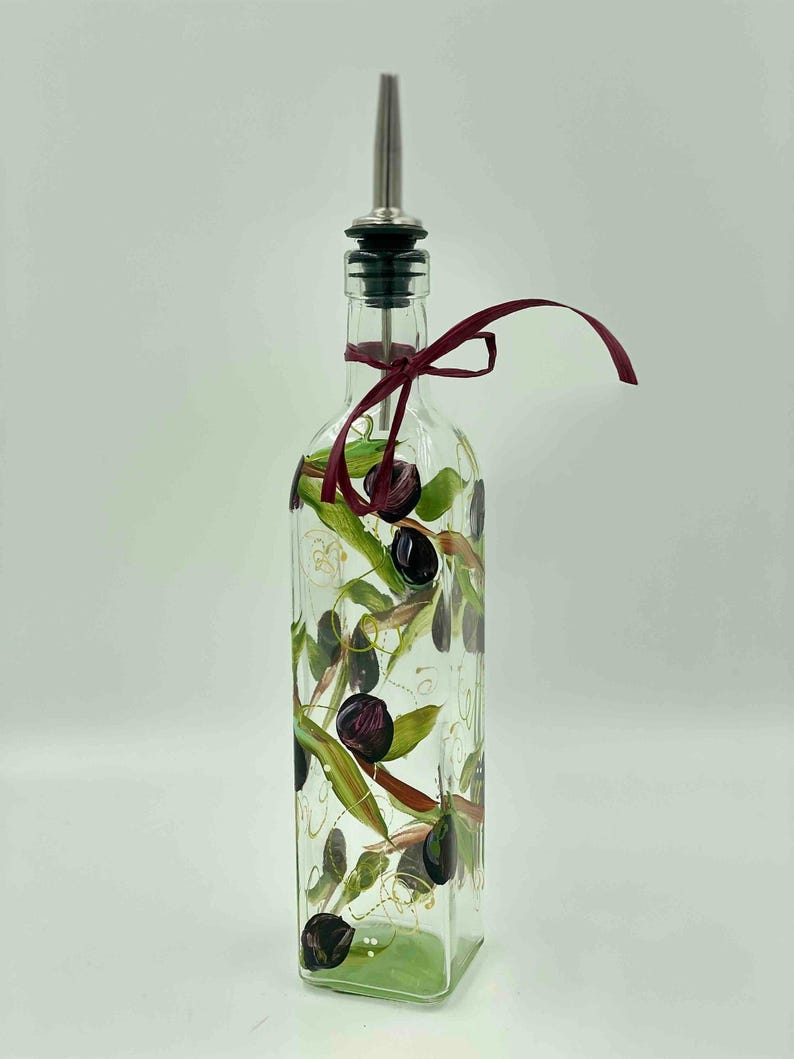 Botella de aceite de oliva pintada a mano, rama de olivo imagen 1