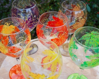 Fall Leaves Hand Painted Wine Glasses (Set of 6)