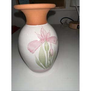 Può includere: Un vaso di ceramica bianco con un bordo largo color terracotta e un corpo bulboso. Il vaso è decorato con un fiore di iris rosa e foglie verdi. Il vaso è un oggetto decorativo.
