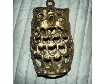 Vintage Brass Owl Garden Hanging Lantern Candle Holder Good Patina 1970s 6.5 In.