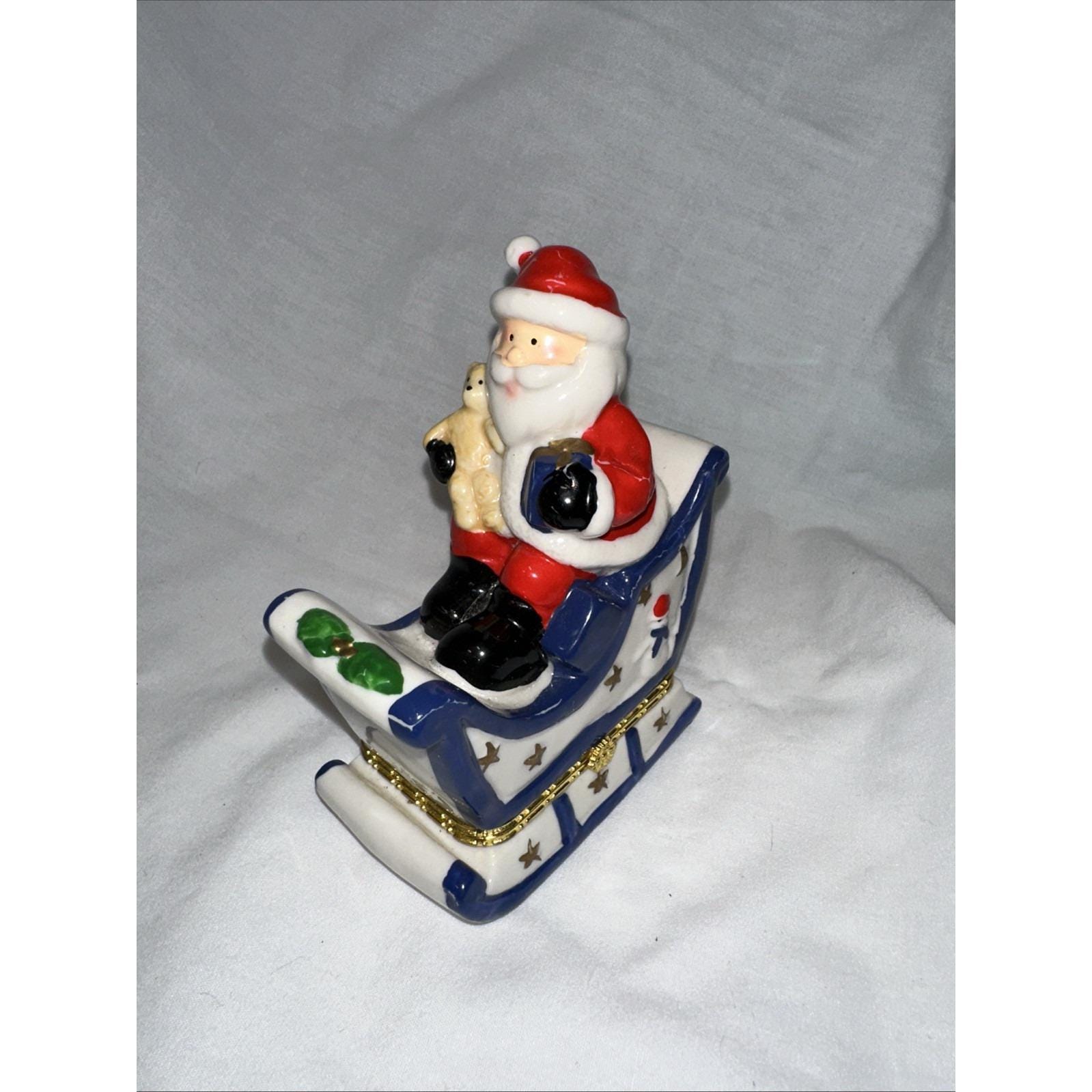 Vintage LIMOGES Hand Painted Holiday Christmas Yellow Multi  Vtg Limoges France Handpainted Santa w/Gift Stack Trinket box 3” Rochard Signed main image 2