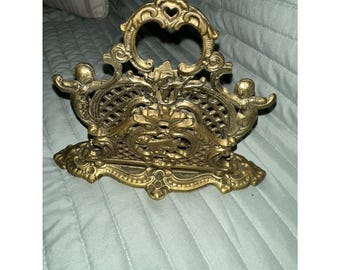 Vintage Brass Cherub Japan Double Sided Letter Napkin Holder 7.5 x 5.5 x 2.5 in