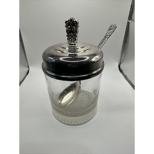 Antique Glass Condiment Container with Matching Silver Plated Lid and Spoon