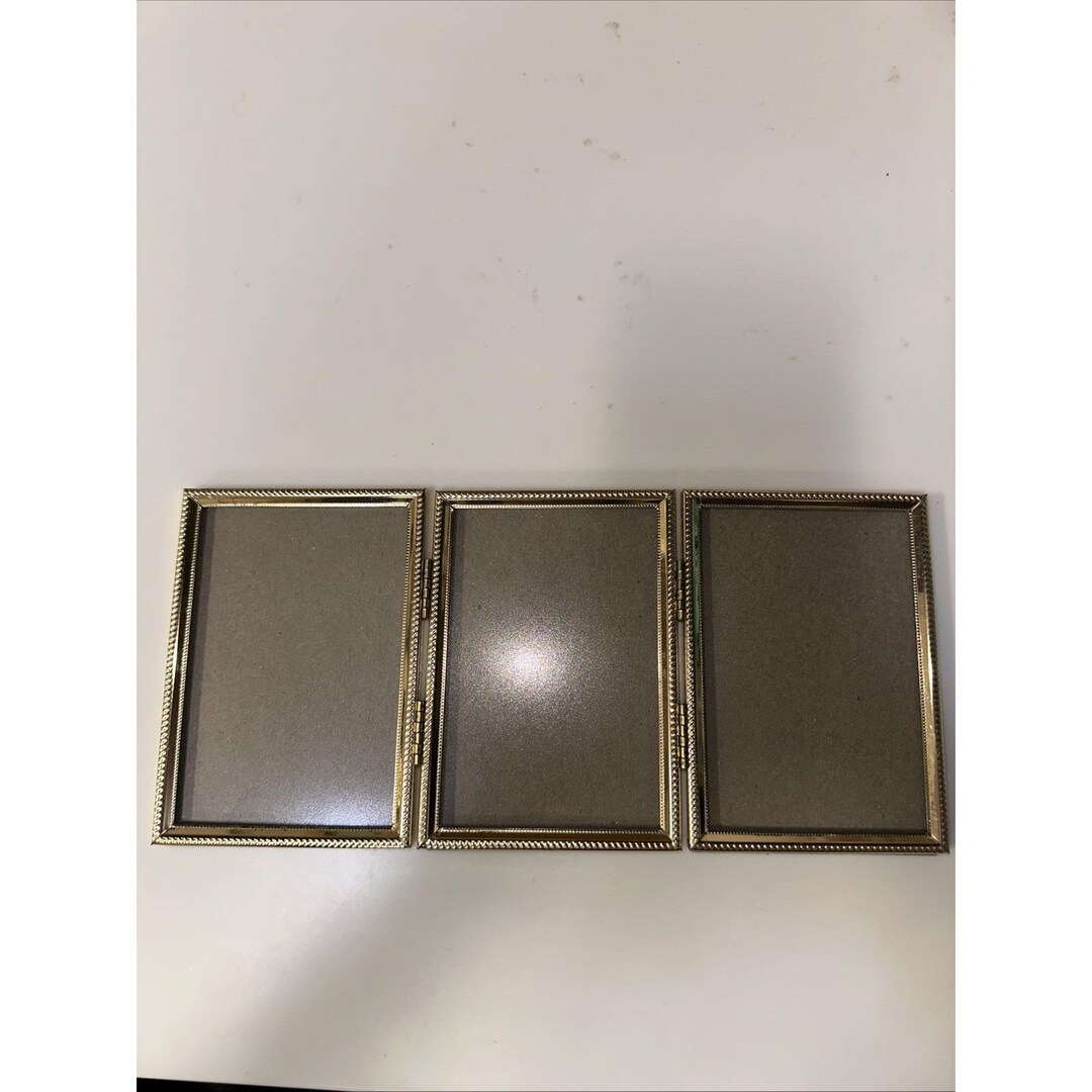 Vintage MCM Gold Tone Ornate Metal Tri-fold Hinged Picture Frames 3.5x5 ...