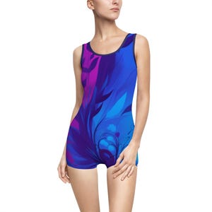 Maillot de bain, motif vintage feuilles bleu et violet, maillot de bain rétro, tenues de plage, une-pièce pour femme, mode estivale