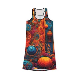 Vibrant Floral Women&#39;s Racerback Dress, Bohemian Summer Dress, Festival Outfit, Casual Wear, Beach Dress, Gifts for Her