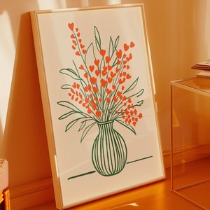Arte mural lineal con flores en un jarrón / Ramo de flores con arte lineal minimalista / Arte de líneas botánicas / Póster minimalista ingenioso / Arte mural de galería ingenioso