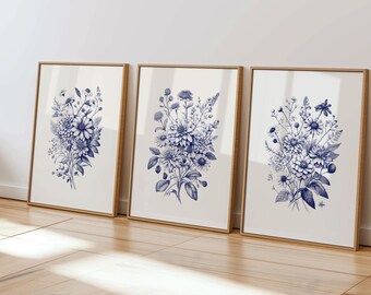 Conjunto de arte mural floral chinoiserie: impresiones botánicas en azul y blanco (descarga digital)