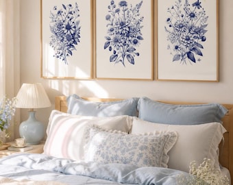 Set di 3 stampe floreali blu in stile Chinoiserie / Quadri vintage con motivi floreali da parete (download digitale)