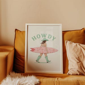 Coastal Cowgirl Toile Surfboard Art Print | Howdy Typography Decor | Preppy Cubicle Art Surf Cowgirls | Coastal Cowgirl Howdy Surf Poster