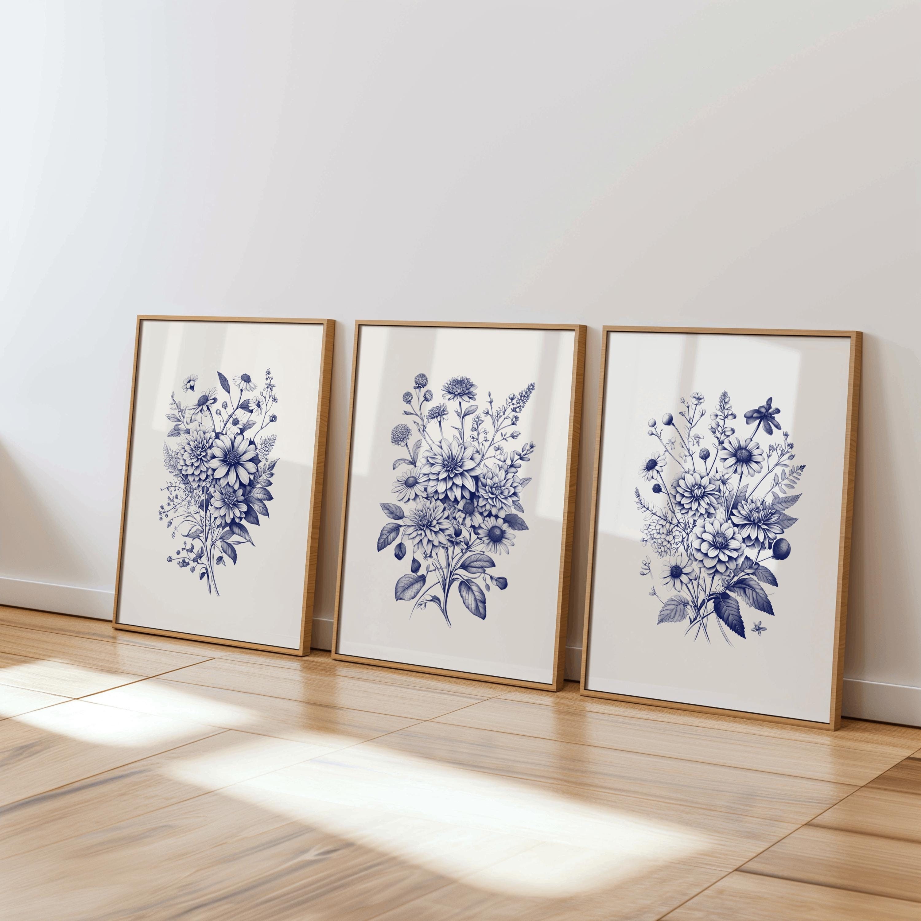 Set of 3 Blue Botanical Chinoiserie Prints | Vintage Floral Wall Art ...