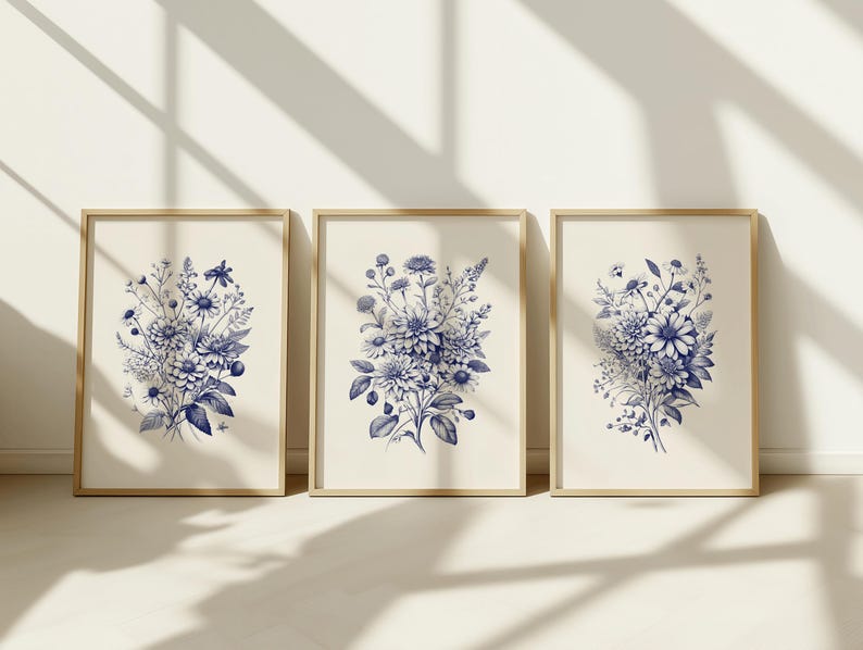 Set of 3 Blue Botanical Chinoiserie Prints | Vintage Floral Wall Art ...