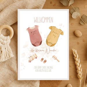 Könnte beinhalten: Eine Grußkarte mit dem deutschen Wort „Willkommen“ oben, mit Illustrationen von Baby-Bodys, einem Spielzeugauto und anderen Babyartikeln. Die Karte hat Text auf Deutsch, mit einer neutralen Farbpalette.
