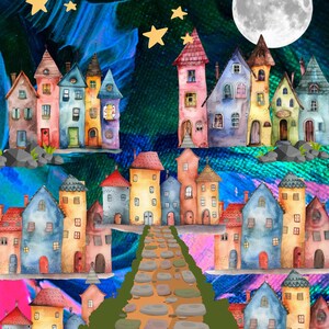 Lot de dix cartes - Maisons folkloriques abstraites vibrantes - Collection de cartes d'art par Sheila Hoeg - Art abstrait unique 4,5 x 5,5 pouces Cartes vierges