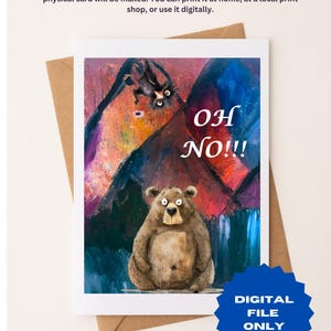 Scared Bear & Quirky Upside-Down Bird - Digitaldruck 5X7 Grußkarte mit Originalkunstwerk