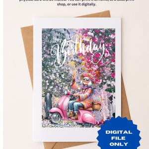 Digital  5x7 and 4X6 Happy Birthday Card – Artistic Grandma on Pink Scooter with Flowers – Featuring Original Artwork by Sheila Hoeg