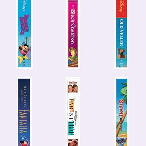May include: Six vertical Disney VHS tape spines featuring Bedknobs and Broomsticks, The Black Cauldron, Old Yeller, Fantasia, The Parent Trap, and Stitch! The Movie. Each spine displays the film title, character imagery, and the Walt Disney logo.