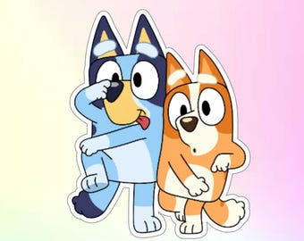 May include: A sticker featuring two cartoon dogs standing side by side. The dog on the left is blue with dark blue patches and a light blue belly, while the dog on the right is orange with white markings. Both have large eyes and expressive poses.
