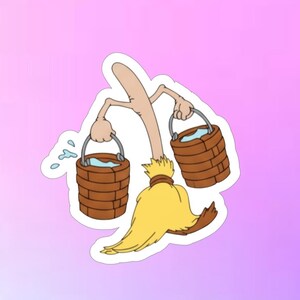 May include: A cartoon sticker featuring an anthropomorphic broom with arms and hands carrying two brown wooden buckets filled with water. The broom has a yellow bristle base and a tan handle, with blue water droplets splashing from one bucket.