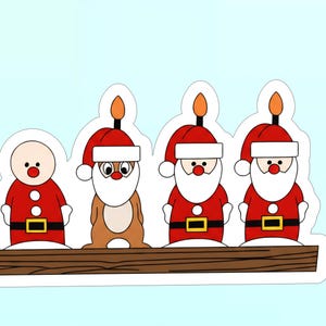 May include: A sticker featuring four cartoon figures standing on a brown wooden shelf. The figures include one person in a red suit and three figures wearing red Santa hats with orange candle flames on top, white beards, and red suits with belts.