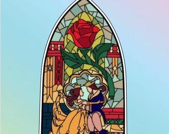 Beauty and the Beast Stained Glass Window Vinyl Sticker, Waterproof, Water Bottle Decal