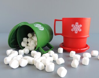 Tupperware Christmas Mugs with Matching Coaster Lid #1312 and #1313 | Red Snowflake, Green Dove | Made in USA