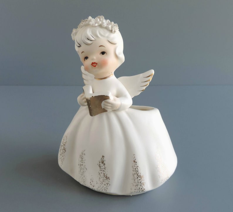 Vintage Inarco Angel Planter Spaghetti Trim Mid-Century Japan Girl With Hymn Book Cachepot