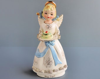 Vintage M B Daniels, High Mount Quality May Angel Girl 7" Figurine holding Birthday Cake | Mid-Century 1950s Japan | Mother's Day