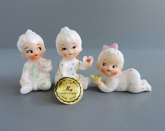 Vintage Napco Pajama Baby of the Month Birthday Figurines | 2" Mini Boy and Girl Figurine Set of 3 | April, May, July