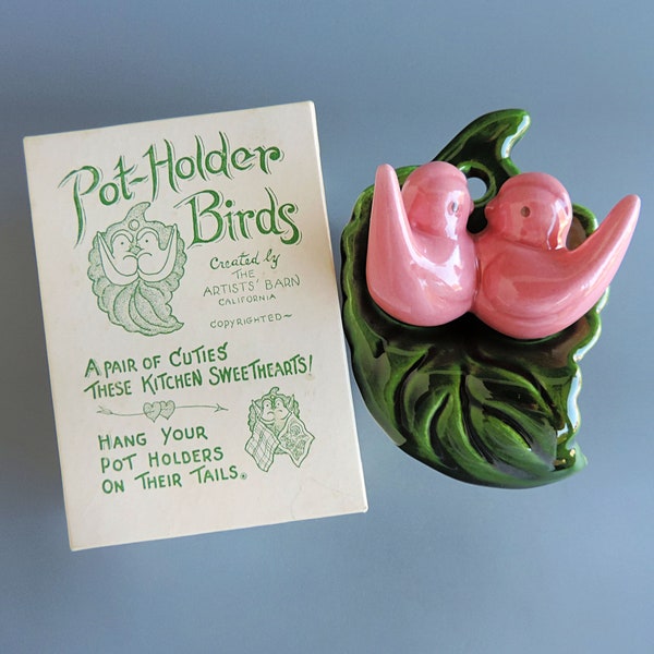 Vintage "The Artists' Barn" Sweetheart Birds Pot-Holder Hanging Hook | California Ceramics | Pink Love Birds | Kitchen Collectible