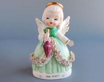 Vintage Fine A Quality May Angel with Parasol Figurine | Birthday Girl | Spaghetti Trim | Mid-Century Japan Collectible | Mother's Day