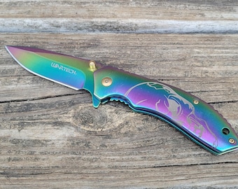 Pre-owned War-Tech  Assisted Iridescent Skull Pocket Knife- Rainbow EDC Knife 7 3/4" Length Collectible