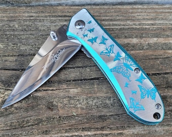 Famme Fatale Light Blue Spring Assisted Pocket Knife: Butterfly Design, New With Box