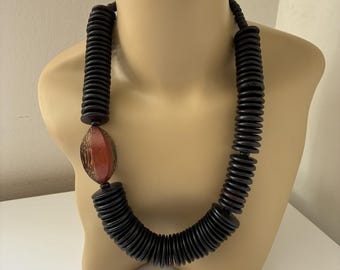 Wooden Round Disk Necklace with multi-colored accent insert