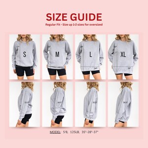May include: A size guide chart for a grey crewneck sweatshirt featuring front and side views of a model wearing sizes S, M, L, and XL. The image includes measurements in inches for length, width, and sleeve length, along with model stats of 5'8, 125lb.