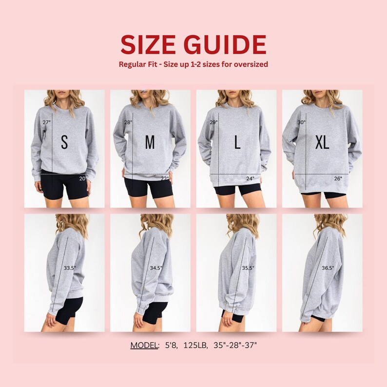 May include: A size guide chart for a grey crewneck sweatshirt featuring front and side views of a model wearing sizes S, M, L, and XL. The image includes measurements in inches for length, width, and sleeve length, along with model stats of 5'8, 125lb.