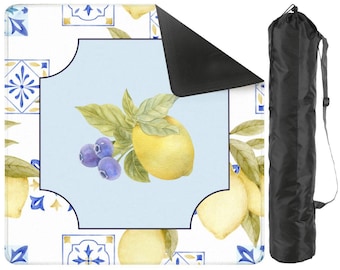 Lemon Mahjong Mat – 31.5" American Mah Jongg Table Mat with Blue Tile Pattern, Citrus Design & Storage Bag