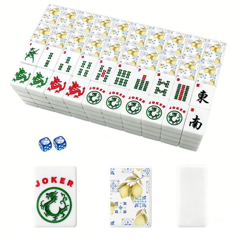 Lemon Mahjong Tile Set – American Mahjong 166 Tiles with Jokers, Dice & Storage Organizer | Citrus Blue Tile Mah Jongg Gift image 1